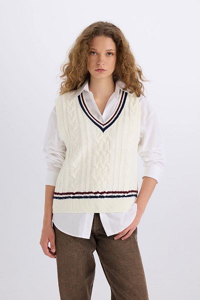 DeFacto Regular Fit V-Neck Hair Knit Patterned Knitwear Sweater D9517Ax24Wn