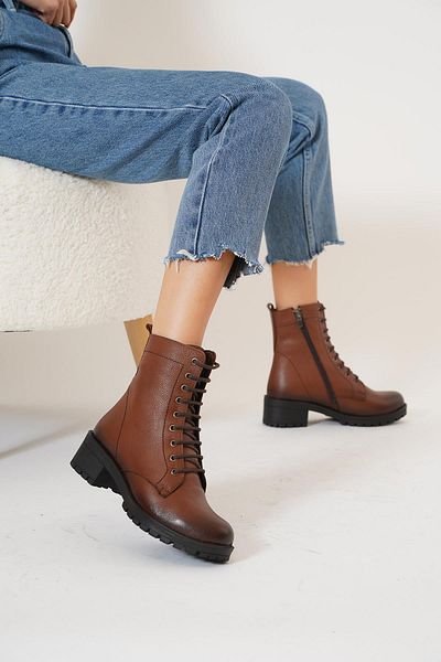 Moda Pie Γυναικείες μπότες από γνήσιο δέρμα σε Tan χρώμα - Flat Tied