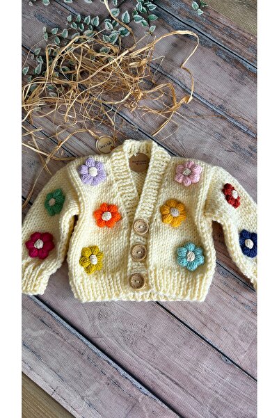 seraskids Hand-Knitted Cream Color Colorful Daisy Buttoned Baby Girl Cardigan