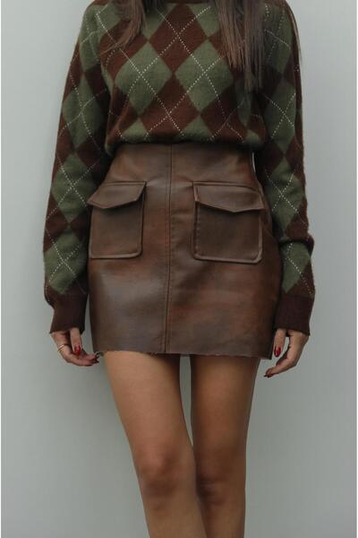 Havoş Brown Bag Pocket Leather Skirt