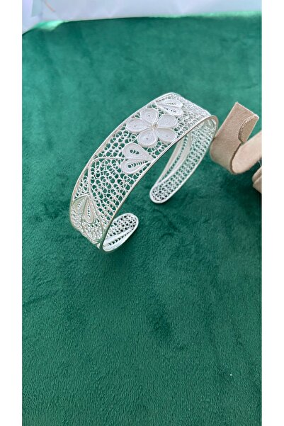 Midyat Artuklu Gümüşçülük Telkari Papatya İşlemeli Gümüş Kelepçe Bilezik