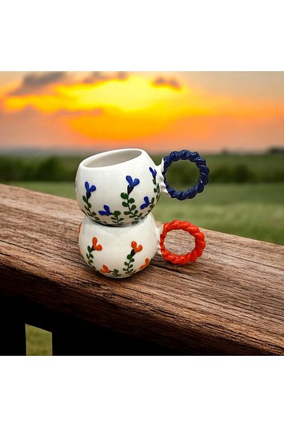 SeraCEY Pack of 2 Bubble Knitted Handles Embossed Ivy Floral Pattern Handmade Ceramic Mug