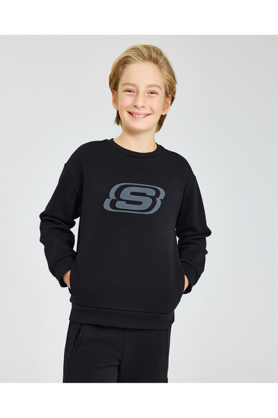 SKECHERS B Essential Crew Neck Sweatshirt Büyük Erkek Çocuk Siyah Sweatshirt Sk232065-001