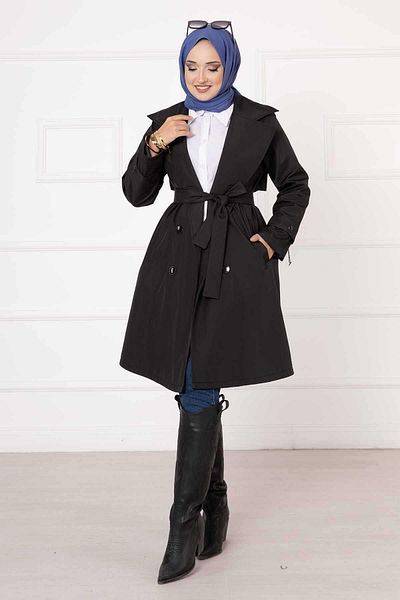 MonaModda Black Chain Accessory Detailed Lined Trench Coat
