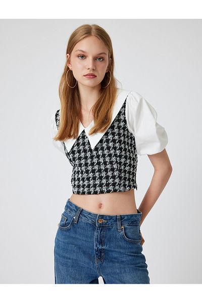 Koton Bluză din tweed cu guler lat pentru bebeluși și mâneci scurte cu baloane - Contrast de culoare