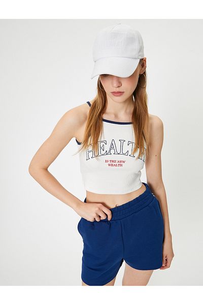 Koton Crop Sports Tank Top Slogan Printed Halter Neck Strap Slim Fit