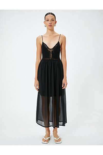 Koton Midilanges Strandkleid aus Tüllhäkelarbeit – dünne Träger und gefüttert