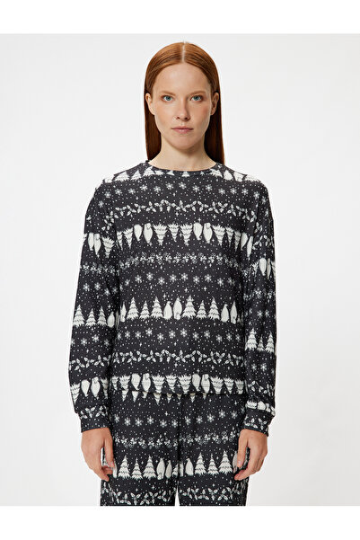 Koton Baskılı Uzun Kollu Bisiklet Yaka Yılbaşı Temalı Pijama Üstü