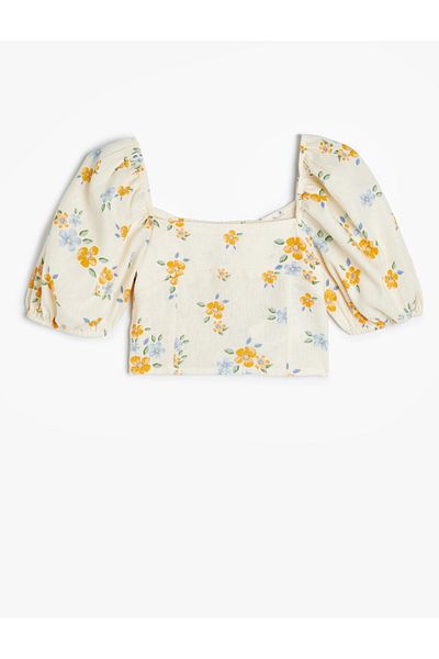 Koton Linen Crop Blouse - Floral Square Collar and Gipe Detail