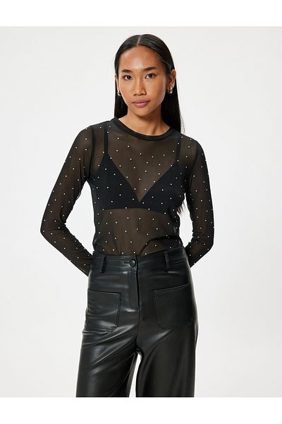 Koton Tricou cu mânecă lungă, slim fit, transparent, cu bijuterii - Gât rotund