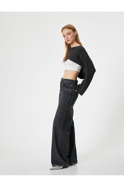 Koton Boat Neck Crop Knitwear Sweater - Layered Bell Sleeve