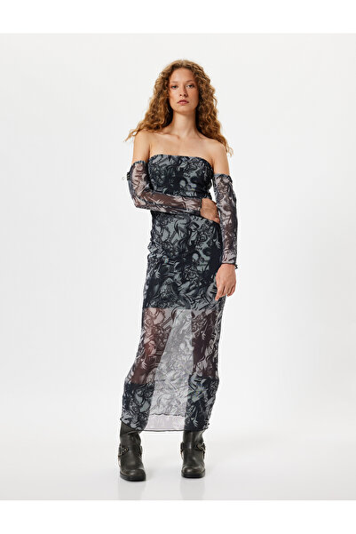 Koton Straplez Tül Elbise Uzun Astarlı Soyut Desenli Uzun Kollu