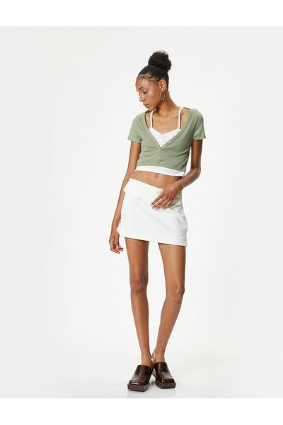 Koton V-Neck Camisole Crop T-Shirt - Buttoned, Short Sleeve