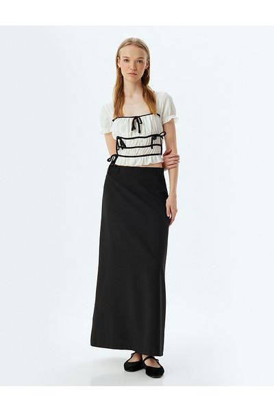 Koton Square Neck Slim Fit Balloon Sleeve T-Shirt - Bow Detail, Short Sleeve