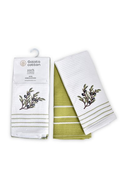 Galata Cotton مجموعة من 2 مناشف مطبخ باللون الأبيض/الأخضر - مطرزة بالزيتون