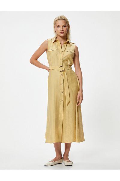 Koton Langes Hemdblusenkleid aus Lyocell-Stoff – ärmellos und mit Gürtel