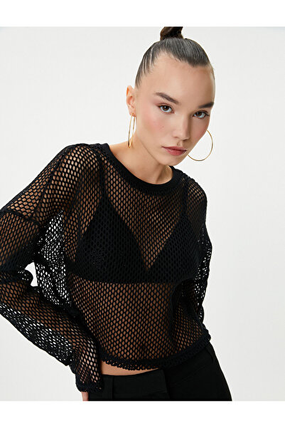 Koton Crop Mesh T-shirt με μακρυμάνικη λαιμόκοψη
