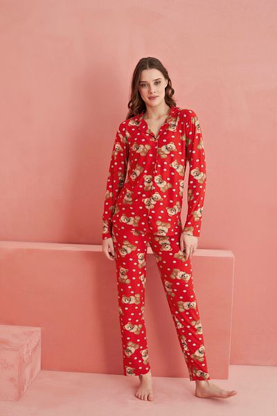 ELİTOL Red Bear Patterned Front Buttoned Suede Pajama Set