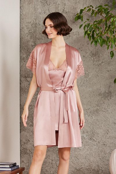 Pierre Cardin Satin Lace Women's Nightgown and Dressing Gown Set - 4438 Brandy