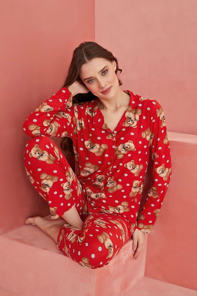 ELİTOL Red Bear Patterned Front Buttoned Suede Pajama Set