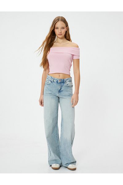 Koton Μπλουζάκι Madonna γιακά Crop Off Shoulder με ριμπ κοντό μανίκι, λεπτή εφαρμογή