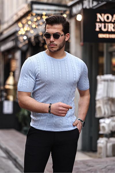 Valiberta Hair Knit Fit Cut Crew Neck Knitwear T-Shirt - Light Blue