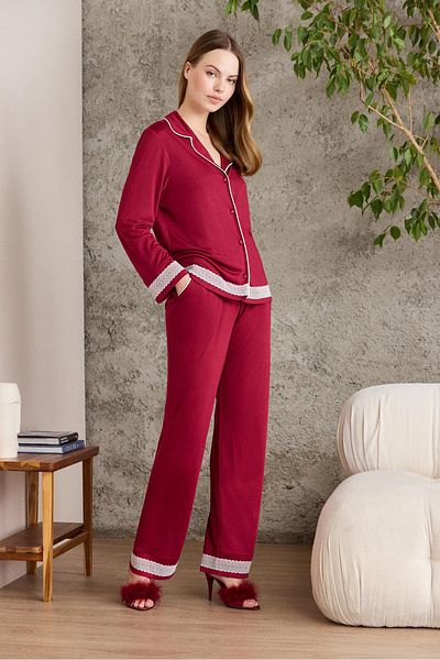 Pierre Cardin Set pijama dama din bumbac pieptanat - dantela - 2200 rosu claret