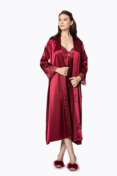 Pierre Cardin Saten Dantelli Kadın Gecelik Ve Sabahlık Takımı - 4370 Bordo