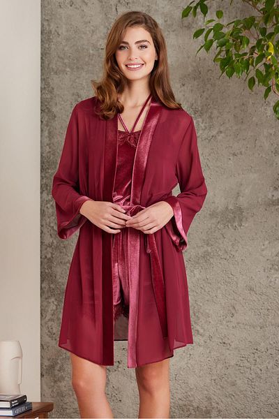 Pierre Cardin 4800 Women's Burgundy Chiffon Dressing Gown Lace Velvet Jumpsuit Set