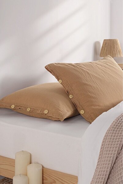 Kibele Düğmeli Müslin Yastık Kılıfı Açık Kahve 2'li %100 Pamuk 50*70