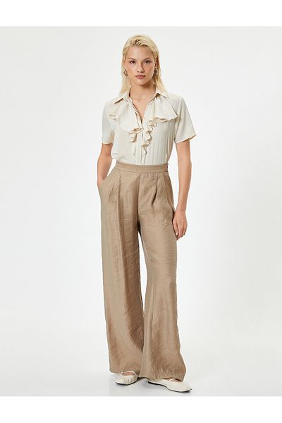 Koton Satin Regular Fit Shirt - Ruffle Collar, Short Sleeve, Aerobin Fabric
