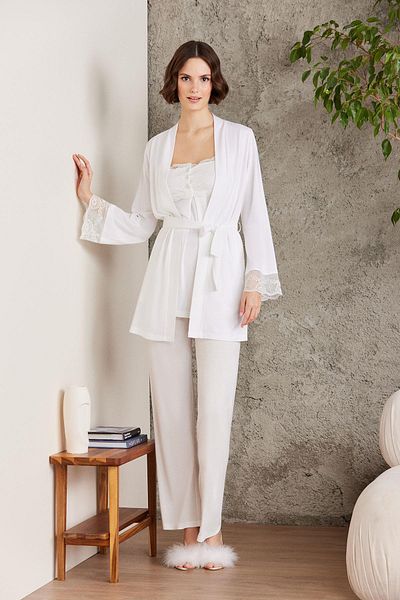 Pierre Cardin Lacy Combed Cotton 3-Piece Maternity Pajama Set - 2805 Ecru
