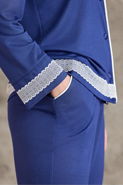 Pierre Cardin Penye Biyeli - Dantelli Kadın Pijama Takımı - 2200 Lacivert