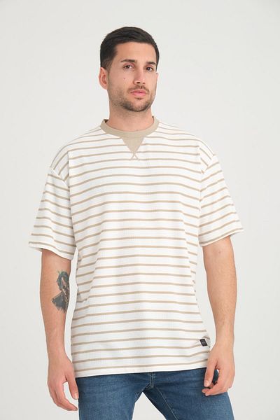 Valiberta Sand Beige Colored Striped Oversize T-Shirt - Envelope Collar Detail