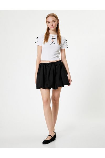 Koton Crew Neck Slim Fit T-Shirt - Bow and Window Detail, Short Sleeve