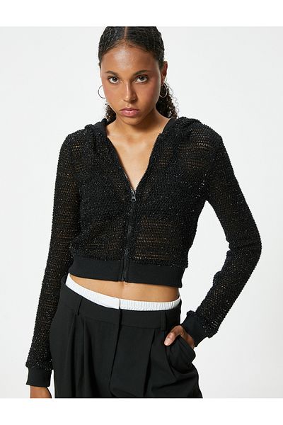 Koton Tricou Crop Slim Fit Glitter - Glugă cu fermoar, mânecă lungă