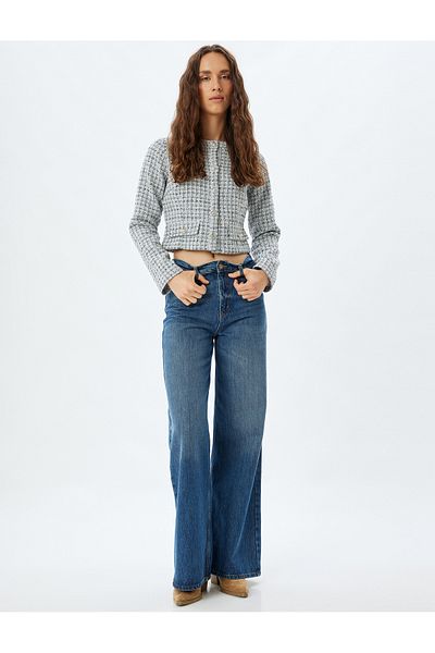 Koton Tweed Crop Jacket - Round Neck, Button, Long Sleeve, Pocket