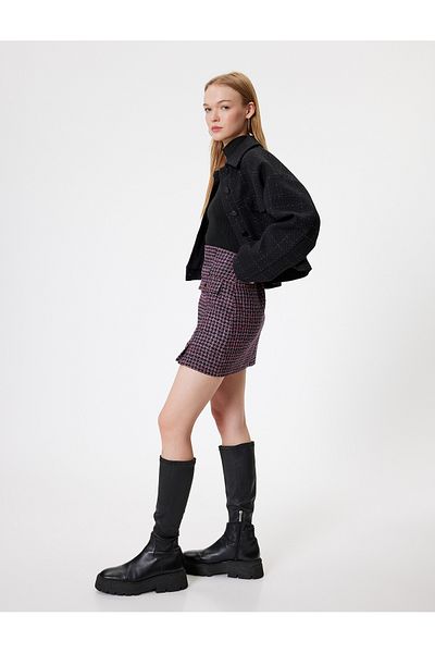 Koton Fusta mini Tweed Slim Fit - Linie A, Detaliu buzunar cu clapă