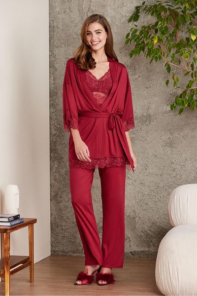 Pierre Cardin Lacy Combed Cotton 3-Piece Maternity Pajama Set - 2810 Claret Red