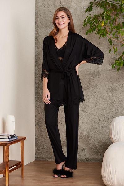 Pierre Cardin Set pijamale de maternitate din 3 piese din bumbac pieptănat din dantelă - 2810 negru