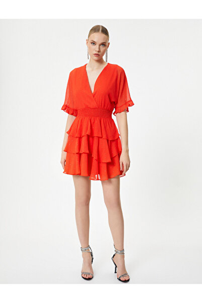 Koton Mini Tül Elbise Fırfırlı Katlı Parıltılı Kruvaze Yaka Kısa Kollu