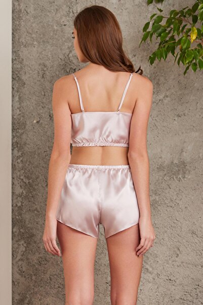Pierre Cardin Crop'lu Saten Kadın Şort Takım - 467 Pudra
