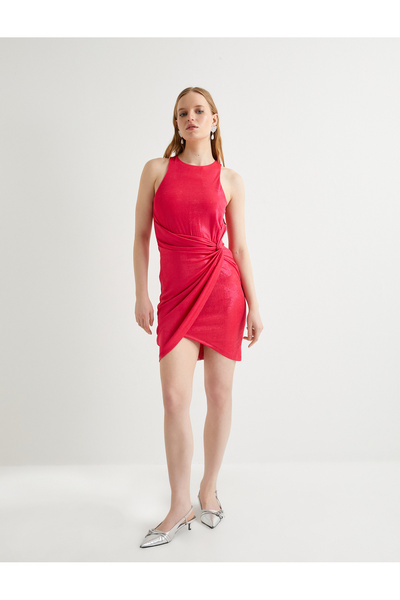 Koton Mini Elbise Kolsuz Kruvaze Halter Yaka Drape Detaylı Astarlı