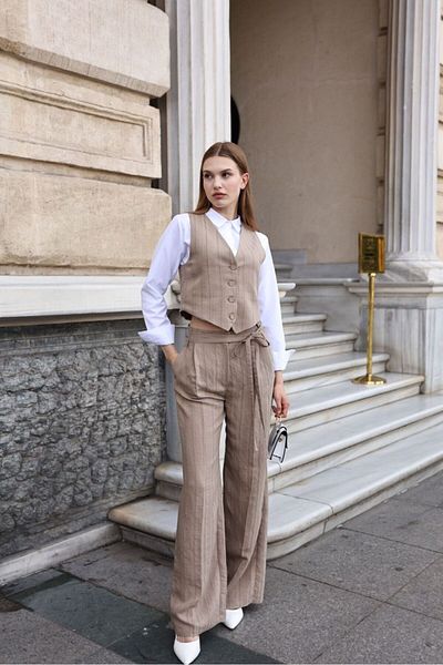 Nesil Tie Waist Lined Striped Vest Trousers Set