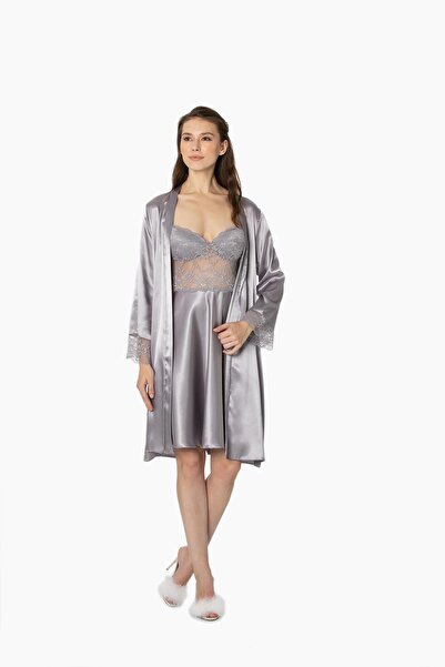 Pierre Cardin Saten Dantelli Kadın Gecelik ve Sabahlık Takımı - 4265 Royal