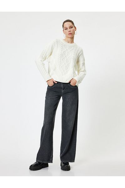 Koton Knitwear Sweater - Crew Neck, Hair Knit Texture, Tassel, Long Sleeve