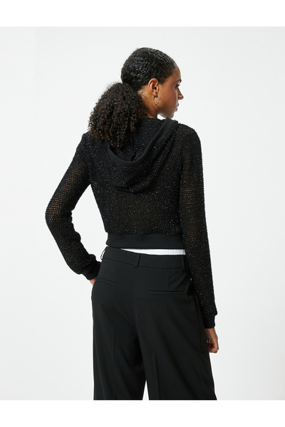 Koton Tricou Crop Slim Fit Glitter - Glugă cu fermoar, mânecă lungă