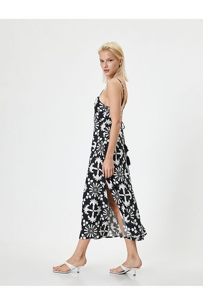 Koton Midi-Leinenkleid mit Blumendruck – dünne Träger, Schlitz und Bindeband auf der Rückseite