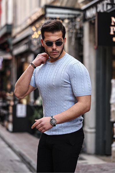 Valiberta Hair Knit Fit Cut Crew Neck Knitwear T-Shirt - Light Blue