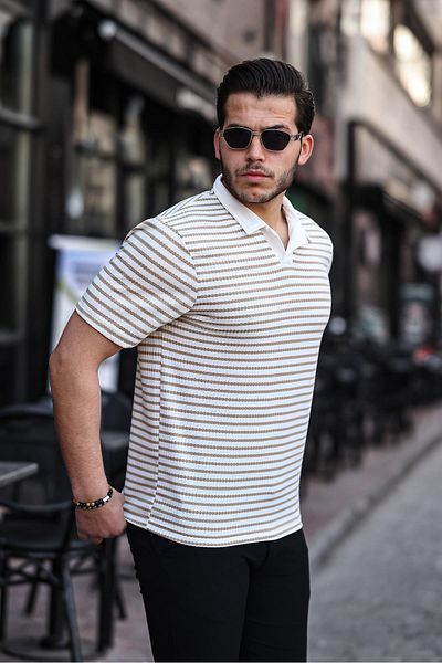 Valiberta Polo V-Neck Knitted T-Shirt - Beige